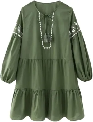 Women's Beading Embroidered Tiered Ruffle Mini Dress Elegant Female Lantern Sleeve Loose Dresses