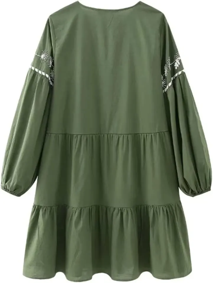 Women's Beading Embroidered Tiered Ruffle Mini Dress Elegant Female Lantern Sleeve Loose Dresses