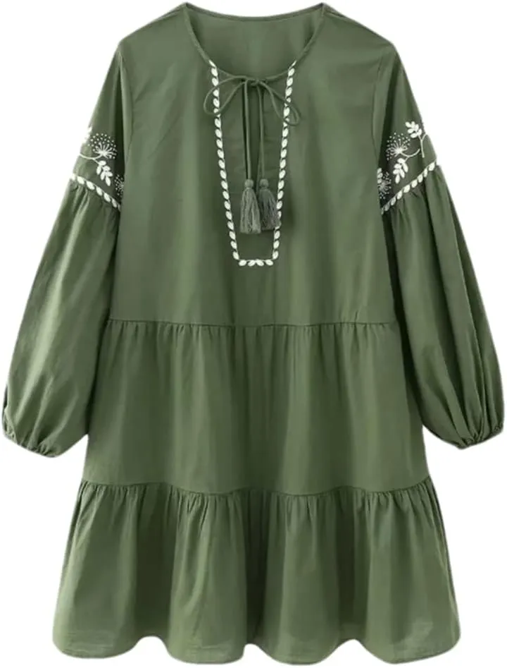 Women's Beading Embroidered Tiered Ruffle Mini Dress Elegant Female Lantern Sleeve Loose Dresses