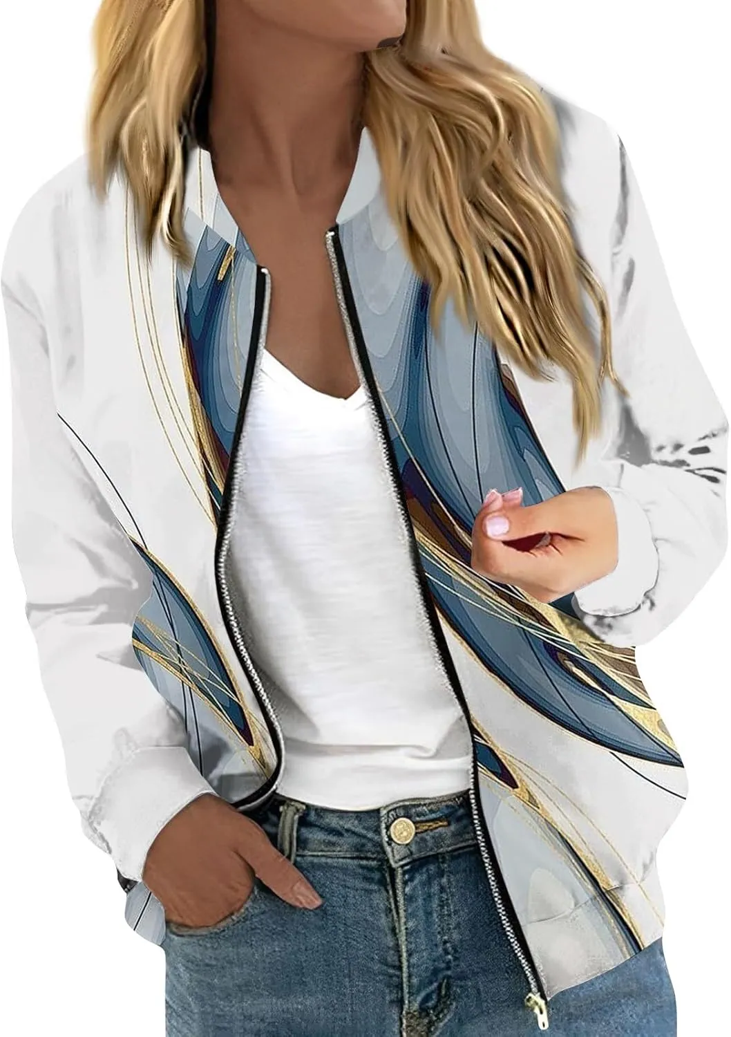 Women'S Bomber Jackets Lightweight Floral Printing Zip Up Long Sleeve Jacket With Pocket Fall Stand Collar Coat