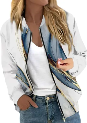 Women'S Bomber Jackets Lightweight Floral Printing Zip Up Long Sleeve Jacket With Pocket Fall Stand Collar Coat