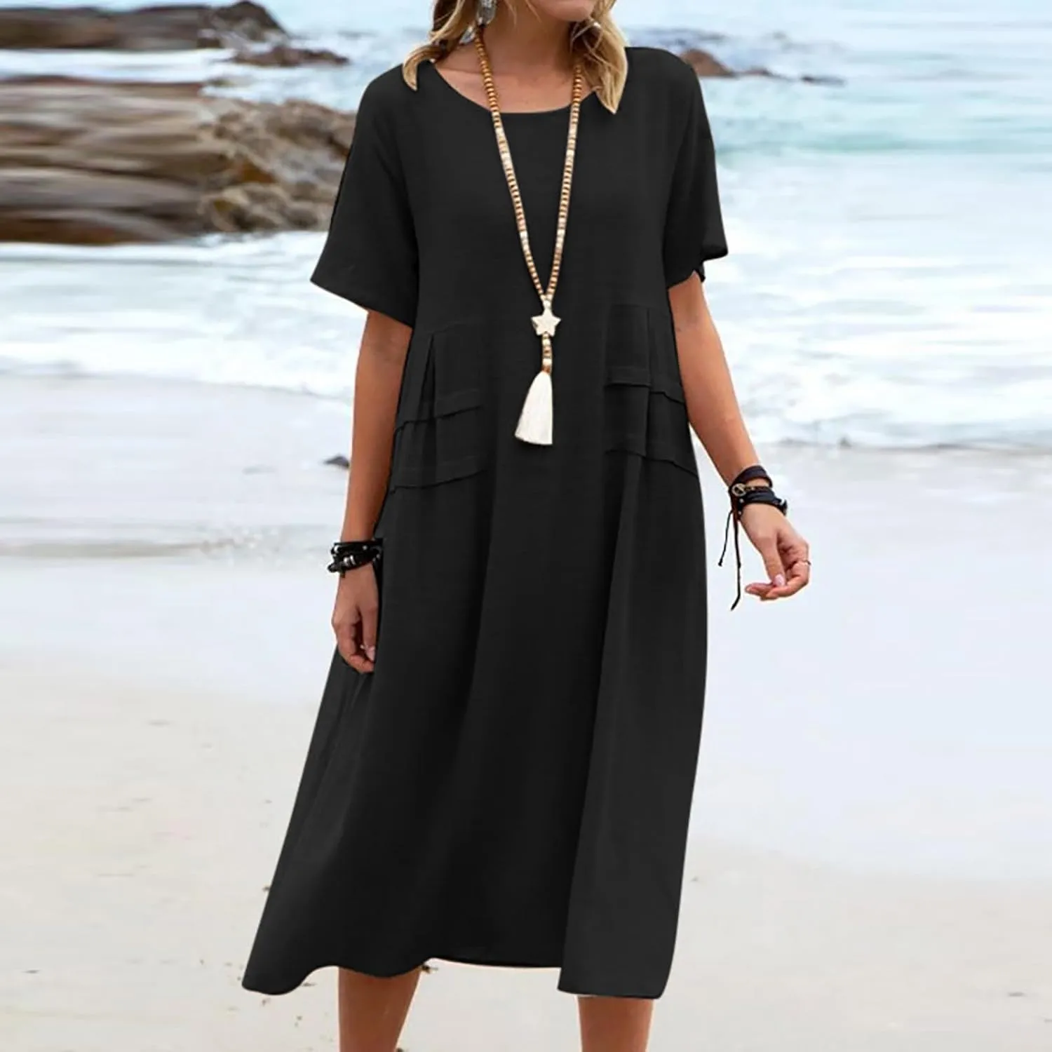 Women's Casual Cotton Linen Midi Dress Crew Neck Short Sleeve Summer Loose Fit Comfy Flowy Dresses Plus Size