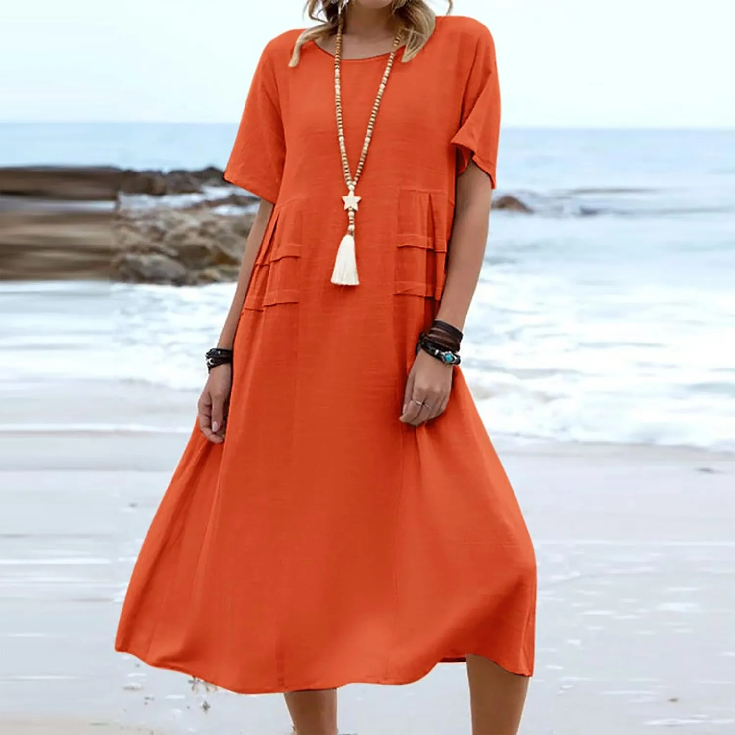Women's Casual Cotton Linen Midi Dress Crew Neck Short Sleeve Summer Loose Fit Comfy Flowy Dresses Plus Size