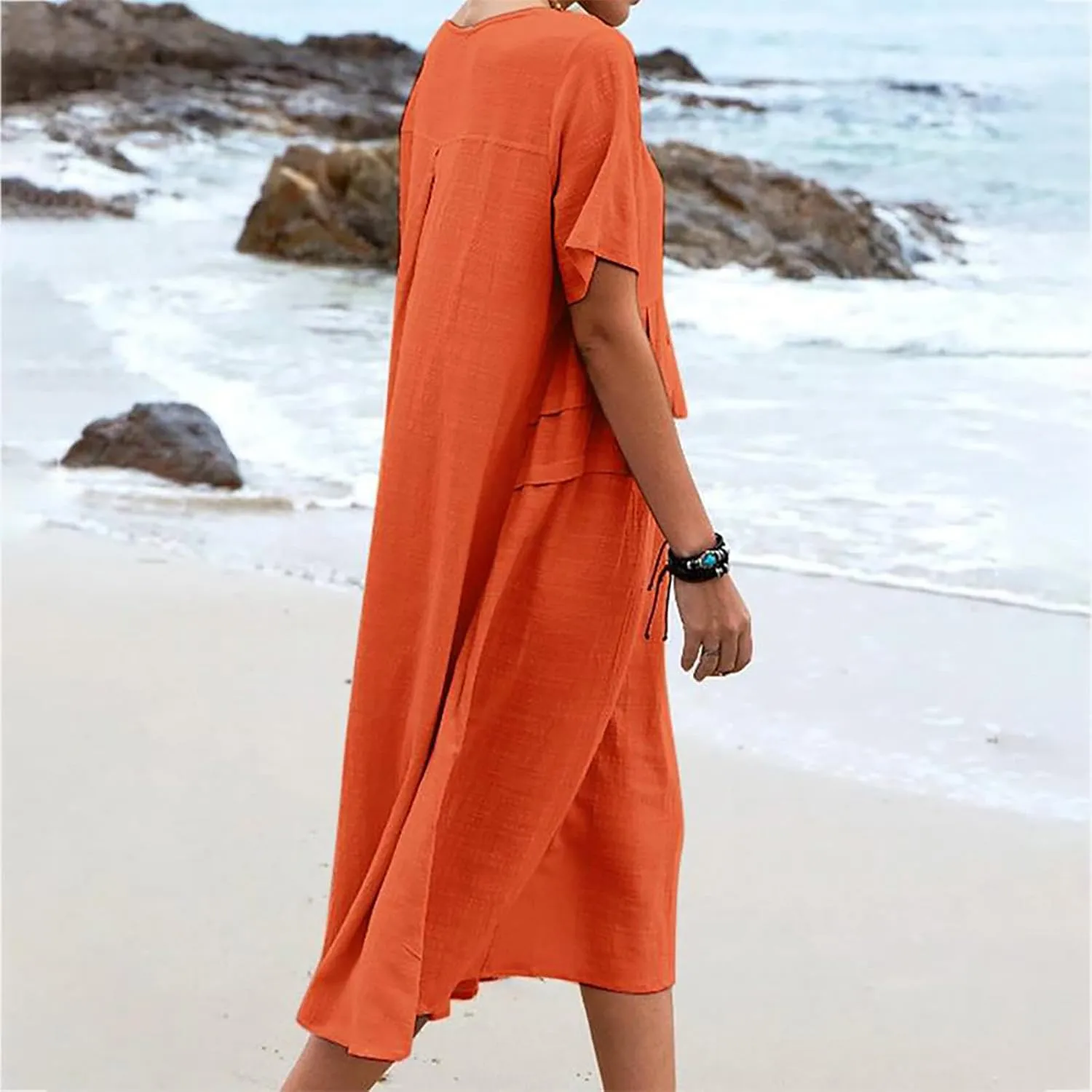 Women's Casual Cotton Linen Midi Dress Crew Neck Short Sleeve Summer Loose Fit Comfy Flowy Dresses Plus Size
