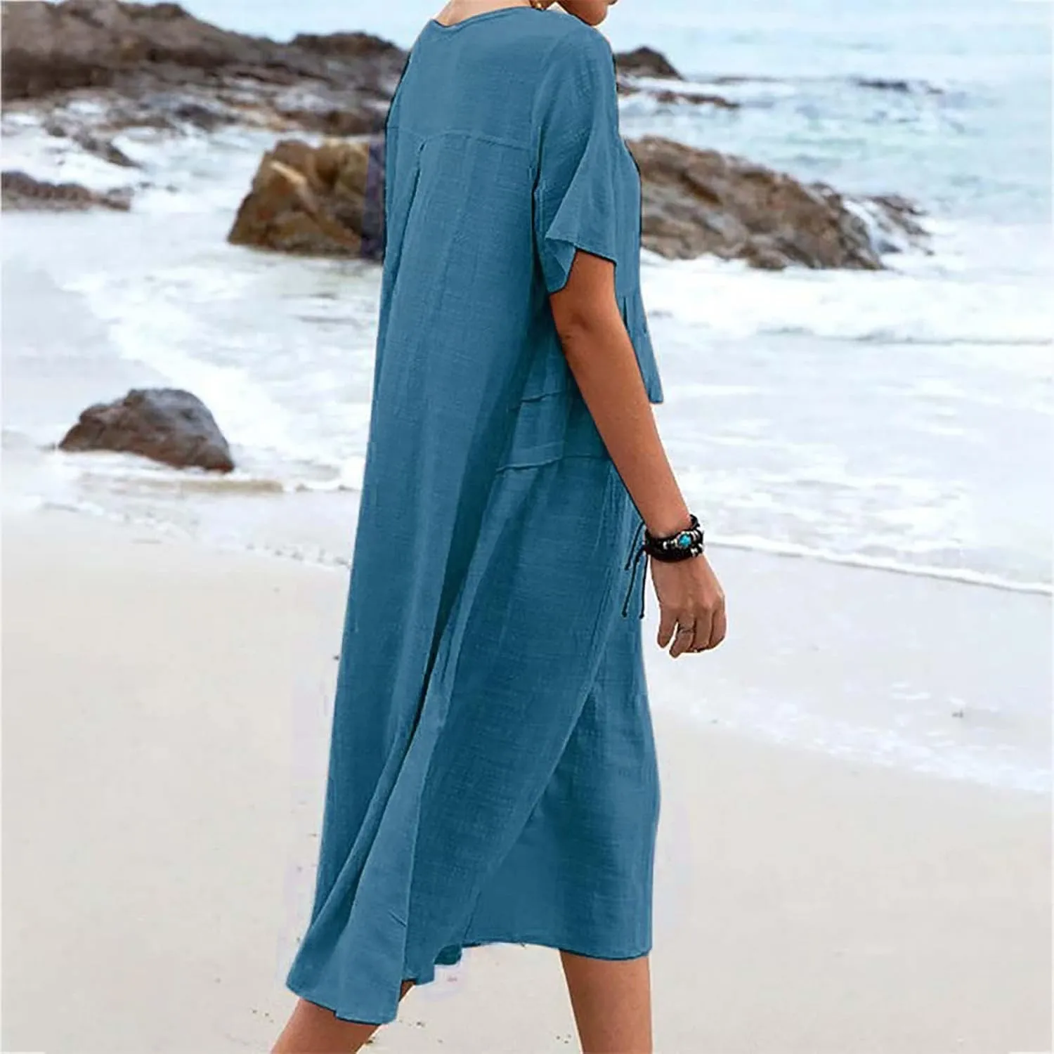 Women's Casual Cotton Linen Midi Dress Crew Neck Short Sleeve Summer Loose Fit Comfy Flowy Dresses Plus Size