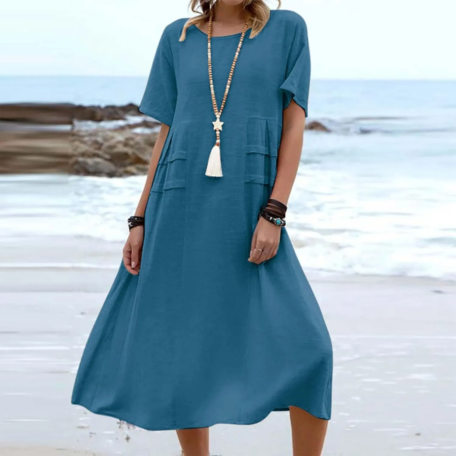 Women's Casual Cotton Linen Midi Dress Crew Neck Short Sleeve Summer Loose Fit Comfy Flowy Dresses Plus Size