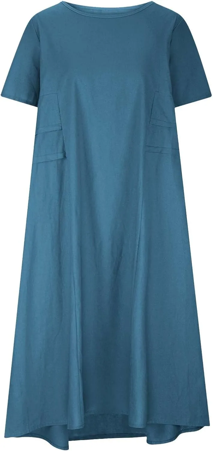 Women's Casual Cotton Linen Midi Dress Crew Neck Short Sleeve Summer Loose Fit Comfy Flowy Dresses Plus Size