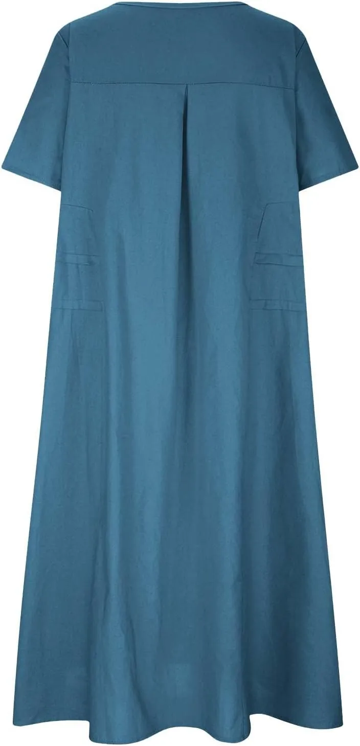 Women's Casual Cotton Linen Midi Dress Crew Neck Short Sleeve Summer Loose Fit Comfy Flowy Dresses Plus Size