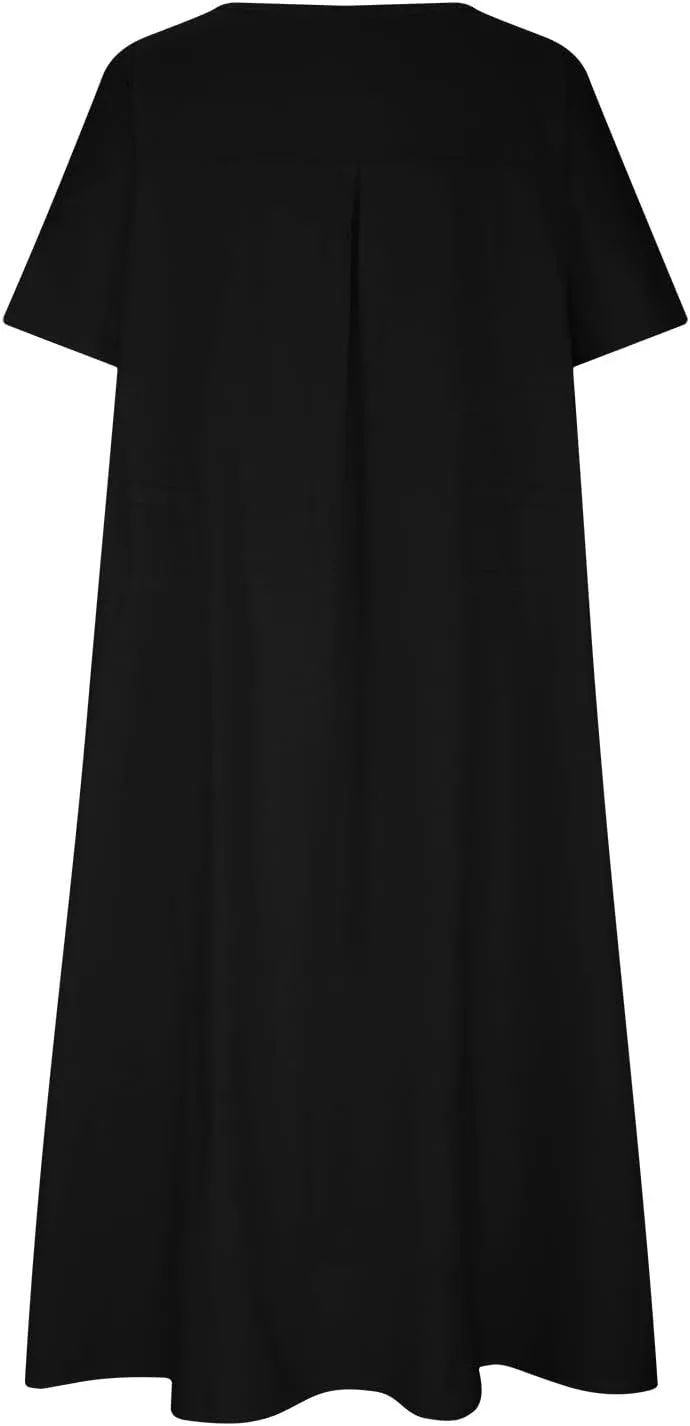 Women's Casual Cotton Linen Midi Dress Crew Neck Short Sleeve Summer Loose Fit Comfy Flowy Dresses Plus Size