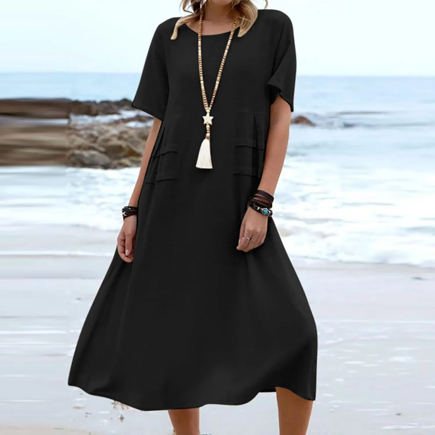 Women's Casual Cotton Linen Midi Dress Crew Neck Short Sleeve Summer Loose Fit Comfy Flowy Dresses Plus Size
