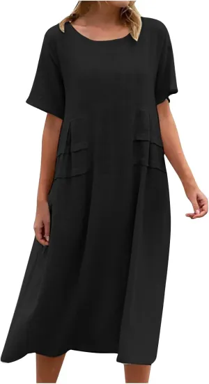 Women's Casual Cotton Linen Midi Dress Crew Neck Short Sleeve Summer Loose Fit Comfy Flowy Dresses Plus Size