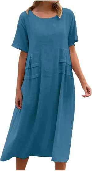Women's Casual Cotton Linen Midi Dress Crew Neck Short Sleeve Summer Loose Fit Comfy Flowy Dresses Plus Size