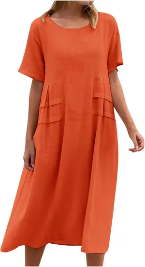 Women's Casual Cotton Linen Midi Dress Crew Neck Short Sleeve Summer Loose Fit Comfy Flowy Dresses Plus Size