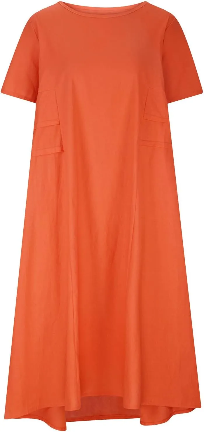 Women's Casual Cotton Linen Midi Dress Crew Neck Short Sleeve Summer Loose Fit Comfy Flowy Dresses Plus Size