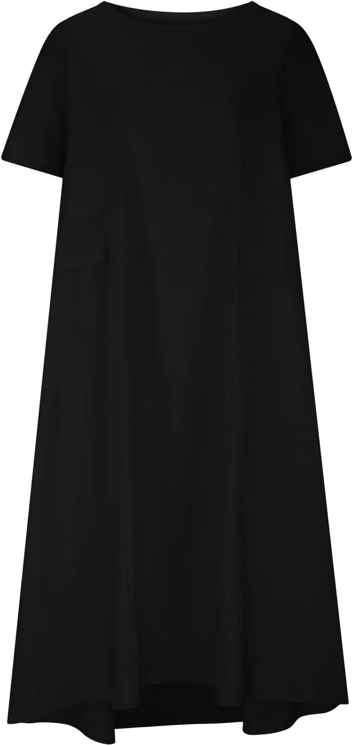 Women's Casual Cotton Linen Midi Dress Crew Neck Short Sleeve Summer Loose Fit Comfy Flowy Dresses Plus Size