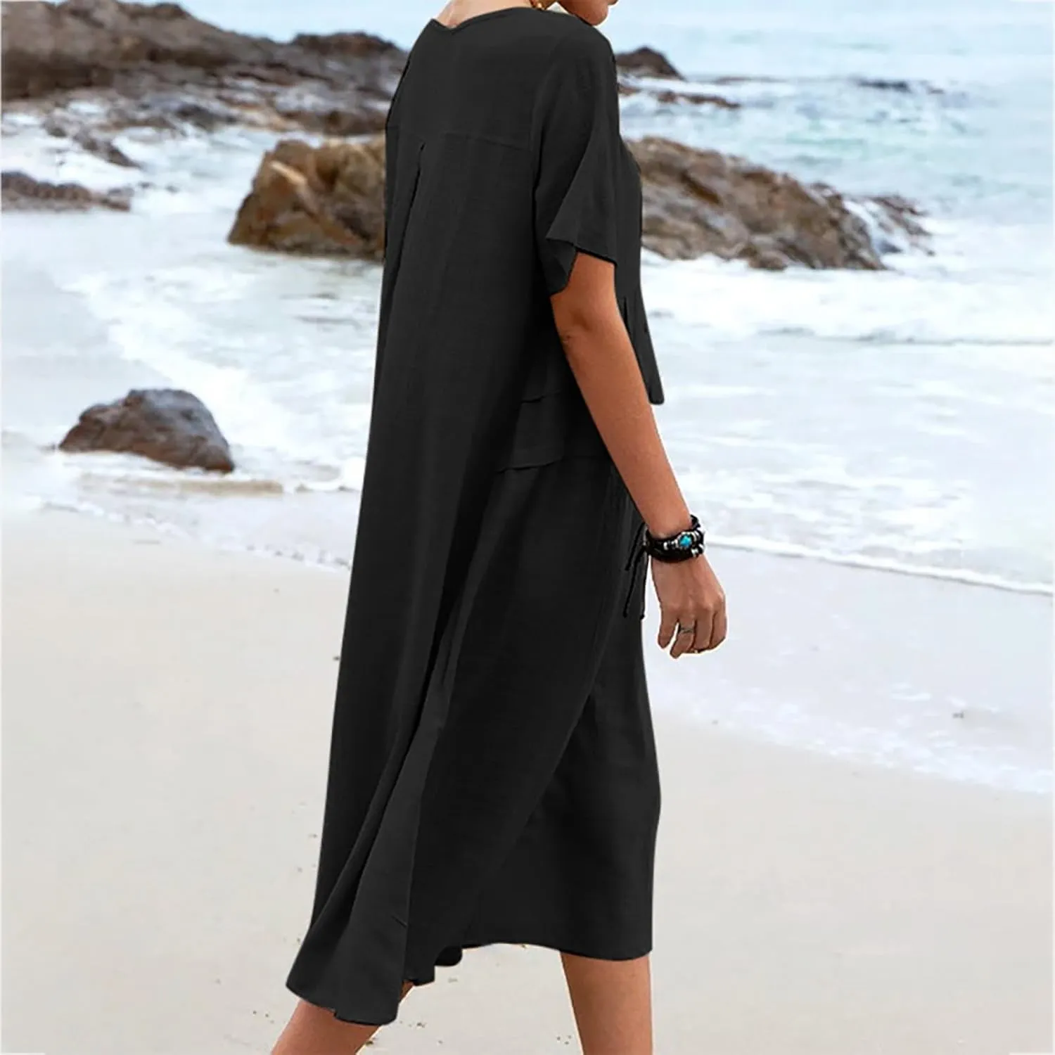 Women's Casual Cotton Linen Midi Dress Crew Neck Short Sleeve Summer Loose Fit Comfy Flowy Dresses Plus Size