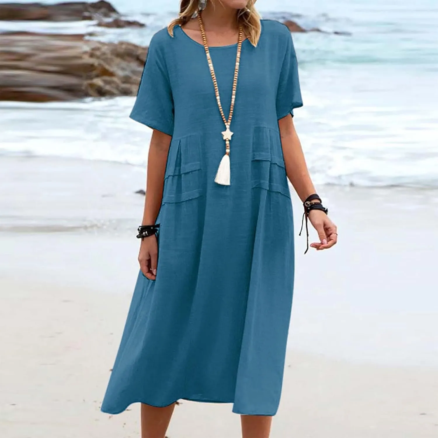 Women's Casual Cotton Linen Midi Dress Crew Neck Short Sleeve Summer Loose Fit Comfy Flowy Dresses Plus Size