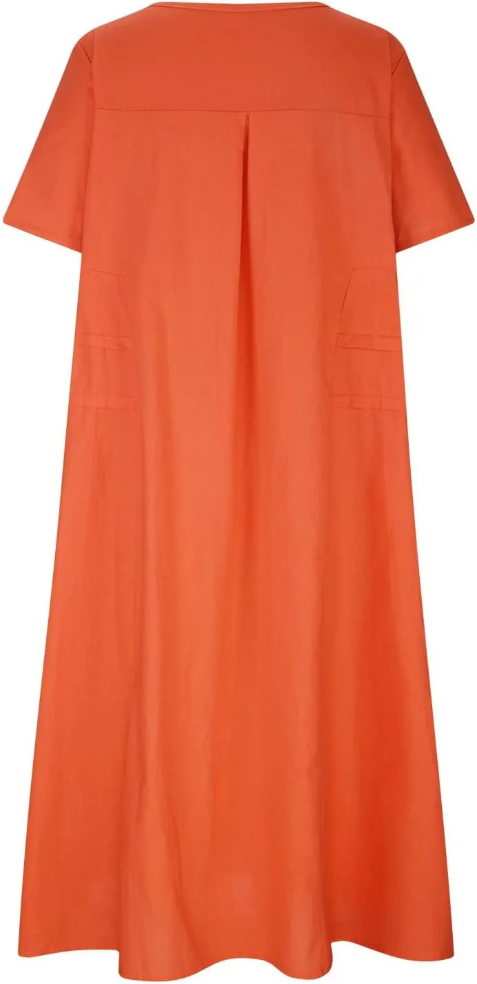 Women's Casual Cotton Linen Midi Dress Crew Neck Short Sleeve Summer Loose Fit Comfy Flowy Dresses Plus Size