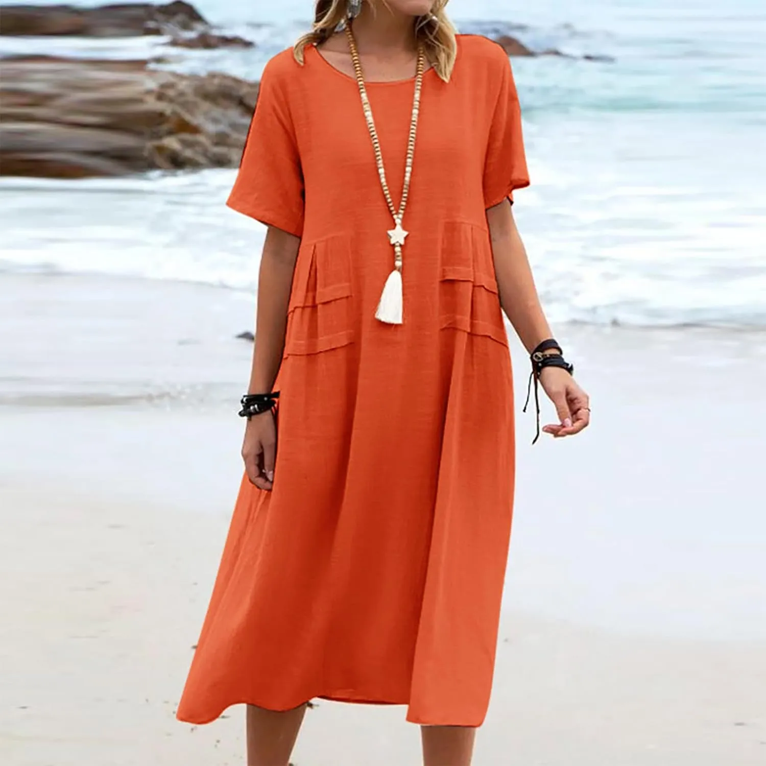 Women's Casual Cotton Linen Midi Dress Crew Neck Short Sleeve Summer Loose Fit Comfy Flowy Dresses Plus Size