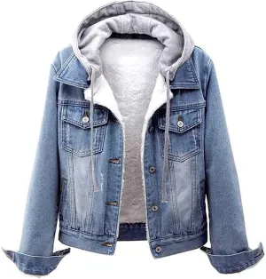 Women's Casual Denim Jackets with Detachable Hood Button Down Fleece Comfort Trendy Jean Hoodies Fall Winter Tops