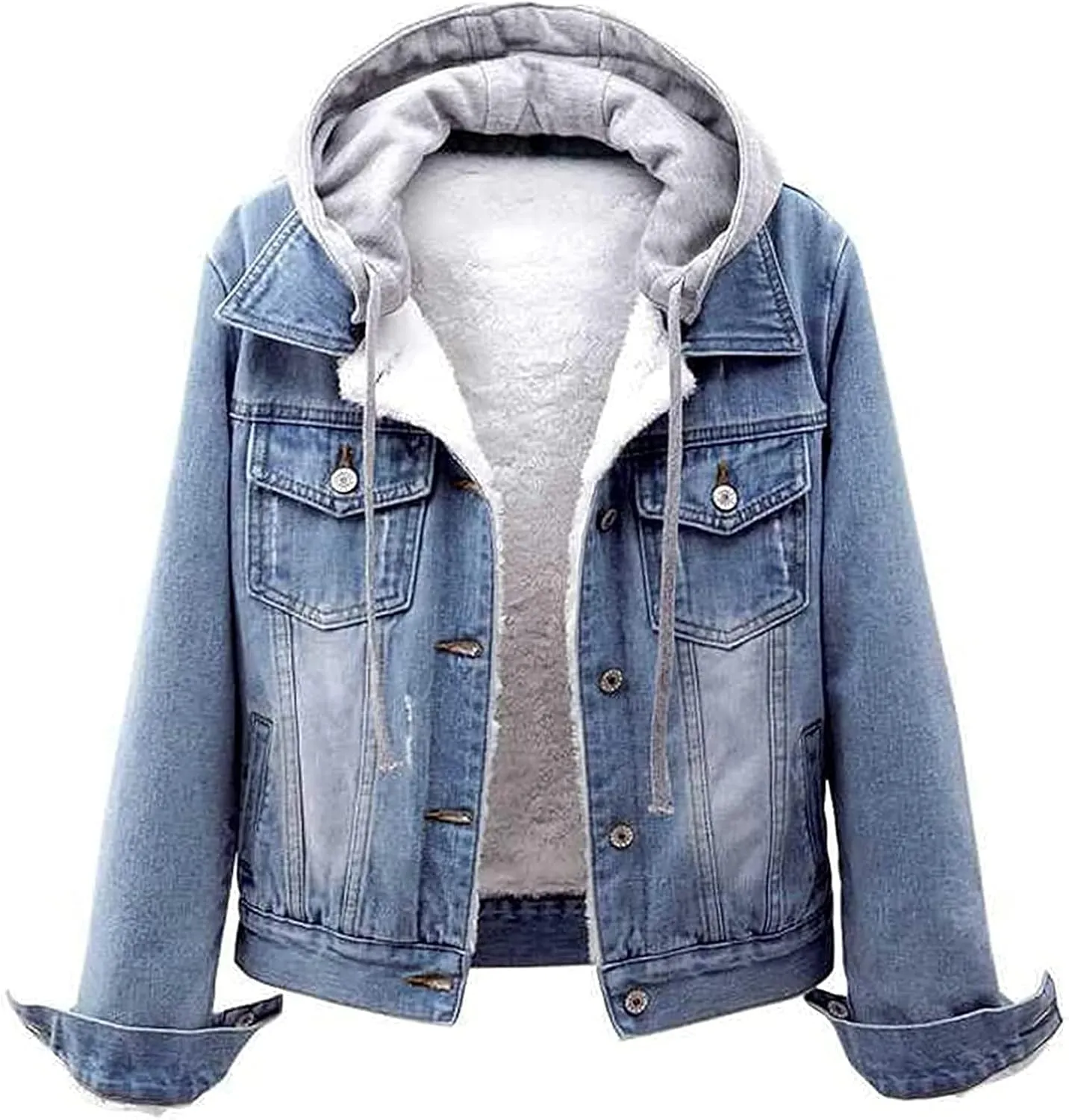 Women's Casual Denim Jackets with Detachable Hood Button Down Fleece Comfort Trendy Jean Hoodies Fall Winter Tops