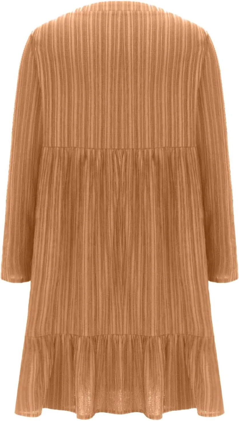 Women's Casual Long Sleeve V Neck Pleated Dress Tiered Ruffle Hem A-Line Loose Fit Flowy Swing Babydoll Mini Dresses