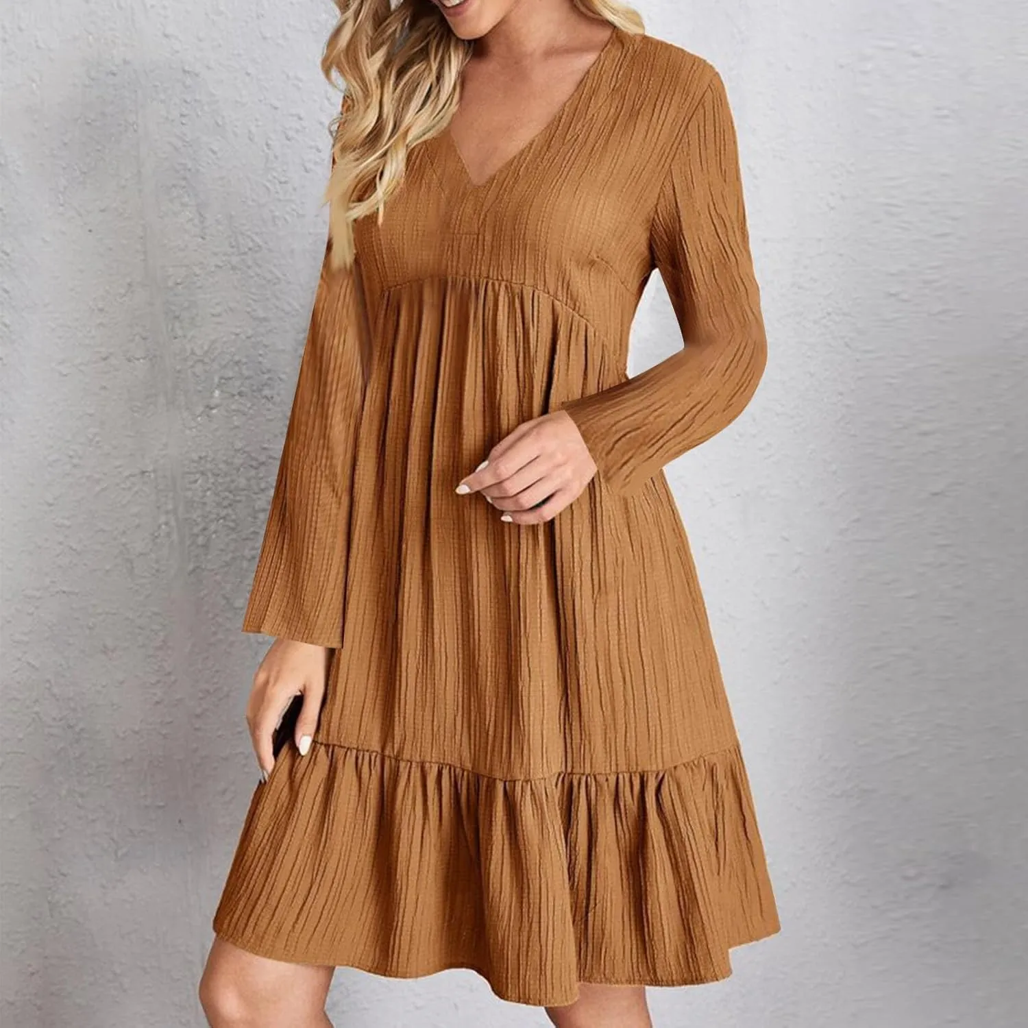 Women's Casual Long Sleeve V Neck Pleated Dress Tiered Ruffle Hem A-Line Loose Fit Flowy Swing Babydoll Mini Dresses