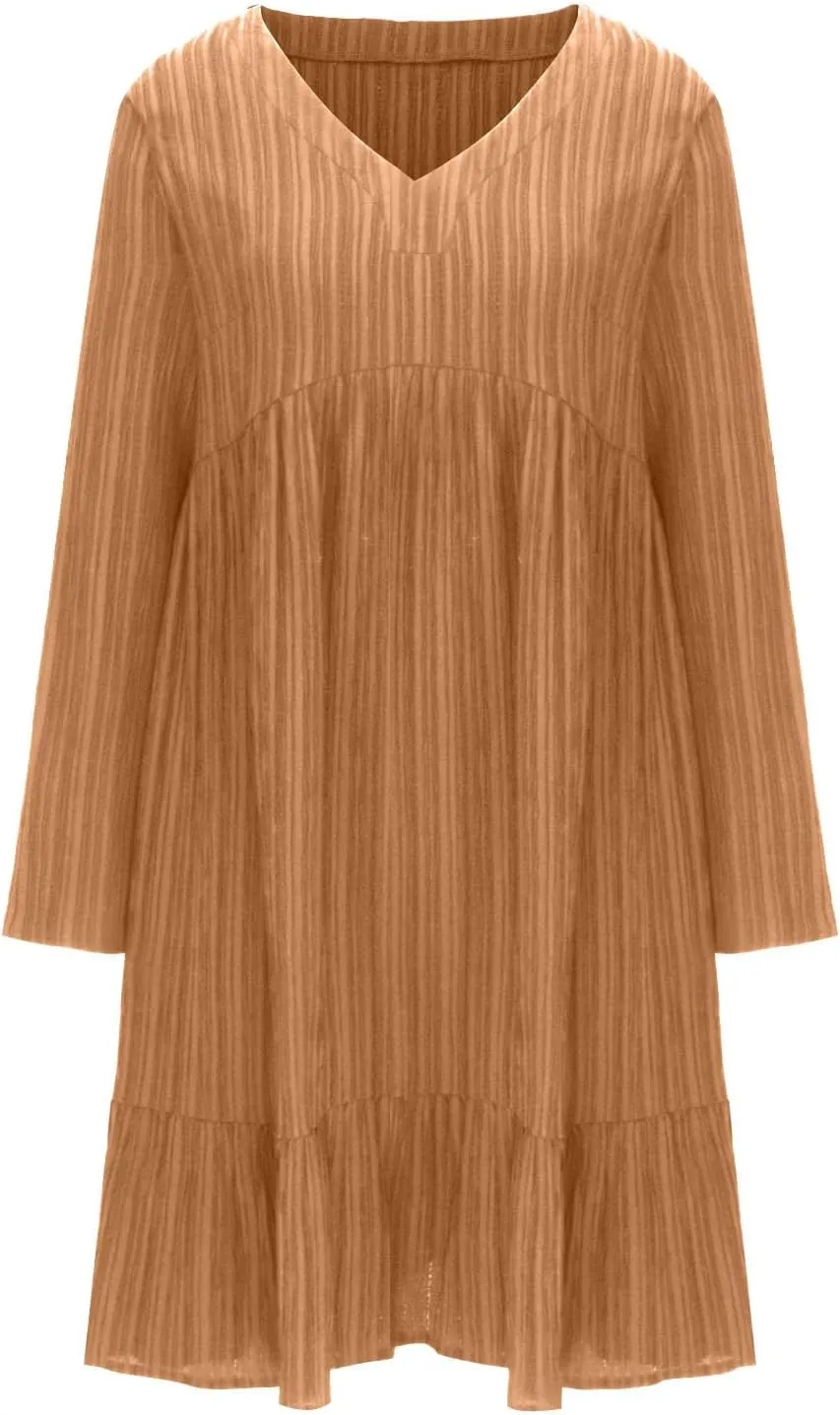 Women's Casual Long Sleeve V Neck Pleated Dress Tiered Ruffle Hem A-Line Loose Fit Flowy Swing Babydoll Mini Dresses