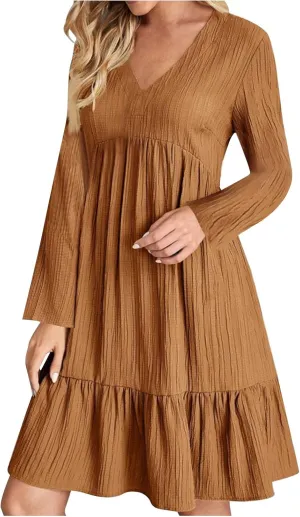 Women's Casual Long Sleeve V Neck Pleated Dress Tiered Ruffle Hem A-Line Loose Fit Flowy Swing Babydoll Mini Dresses