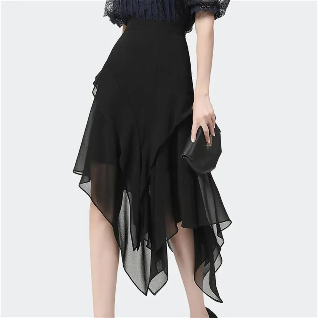 Women's Chiffon Tulle Skirt High Waist A-Line Isummer Rregular Flowing Pleated Casual Work Midi-Skirts