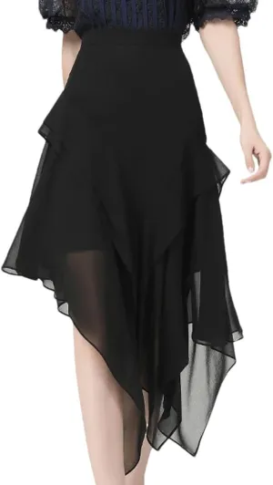 Women's Chiffon Tulle Skirt High Waist A-Line Isummer Rregular Flowing Pleated Casual Work Midi-Skirts