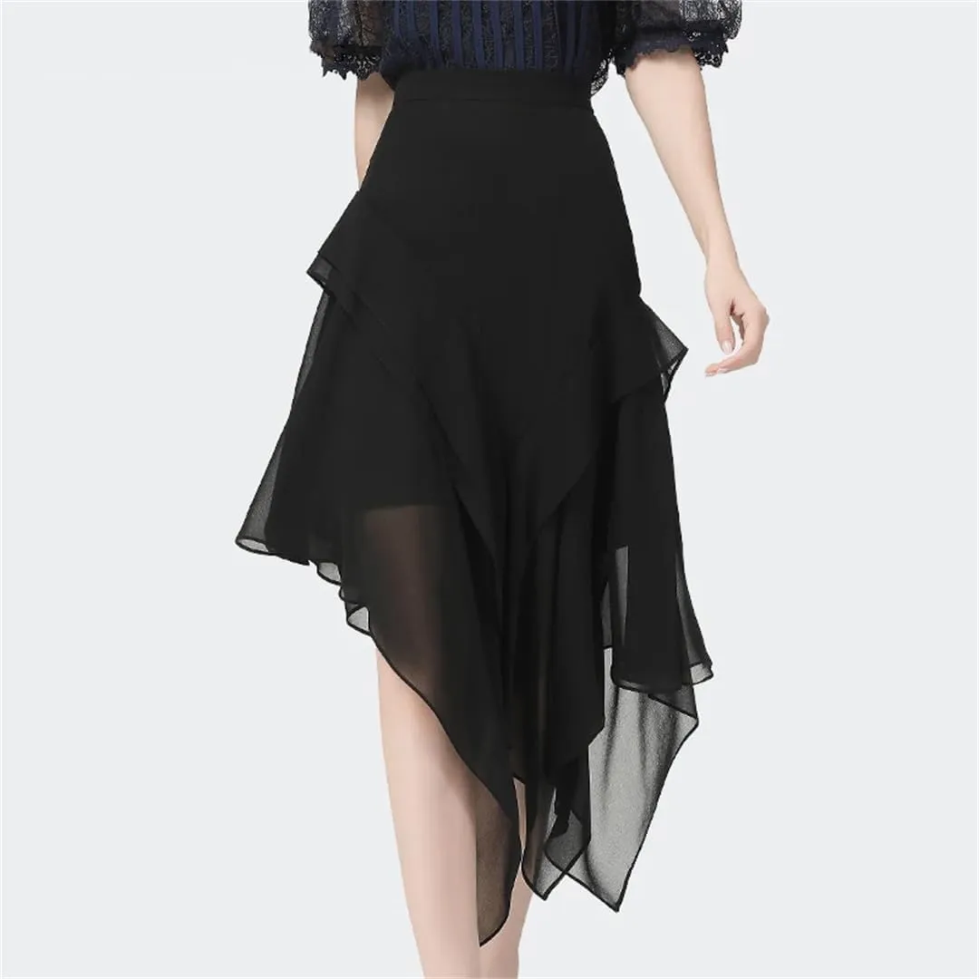Women's Chiffon Tulle Skirt High Waist A-Line Isummer Rregular Flowing Pleated Casual Work Midi-Skirts