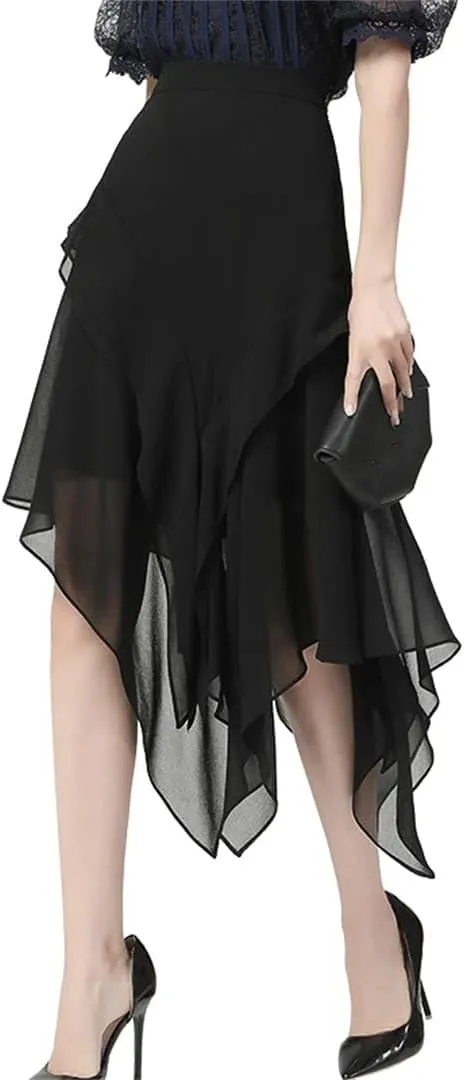 Women's Chiffon Tulle Skirt High Waist A-Line Isummer Rregular Flowing Pleated Casual Work Midi-Skirts