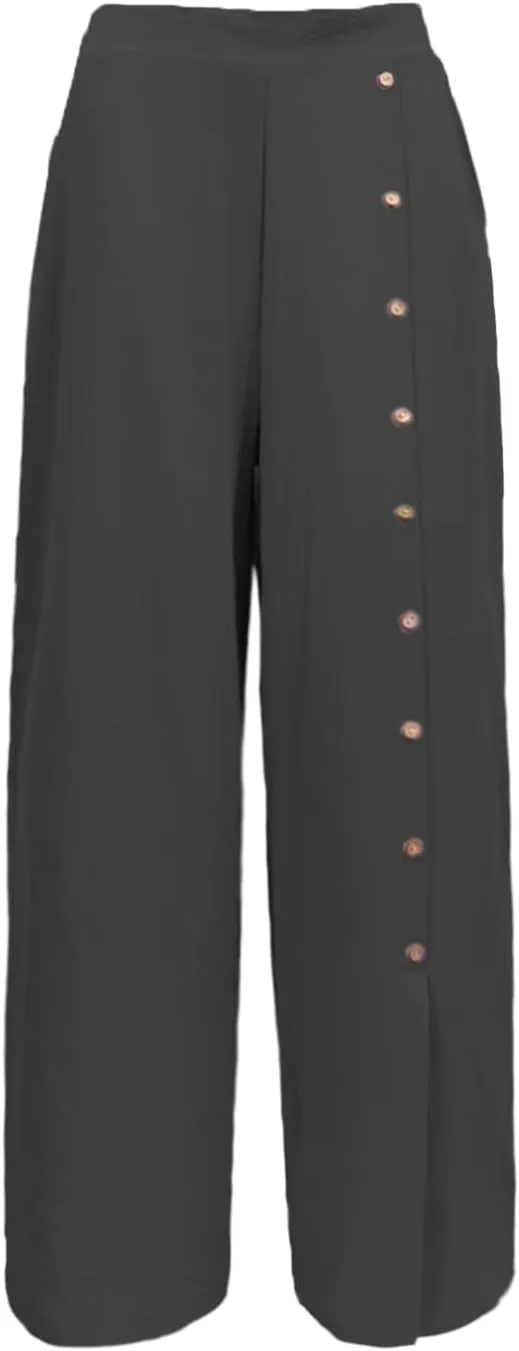 Women's Cotton Linen Palazzo Pants High Waist Wide Leg Pants Casual Summer Trouser with Pockets Front Split Hem Pants