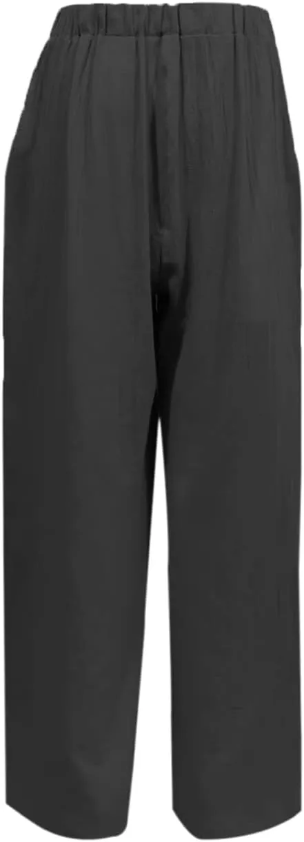 Women's Cotton Linen Palazzo Pants High Waist Wide Leg Pants Casual Summer Trouser with Pockets Front Split Hem Pants