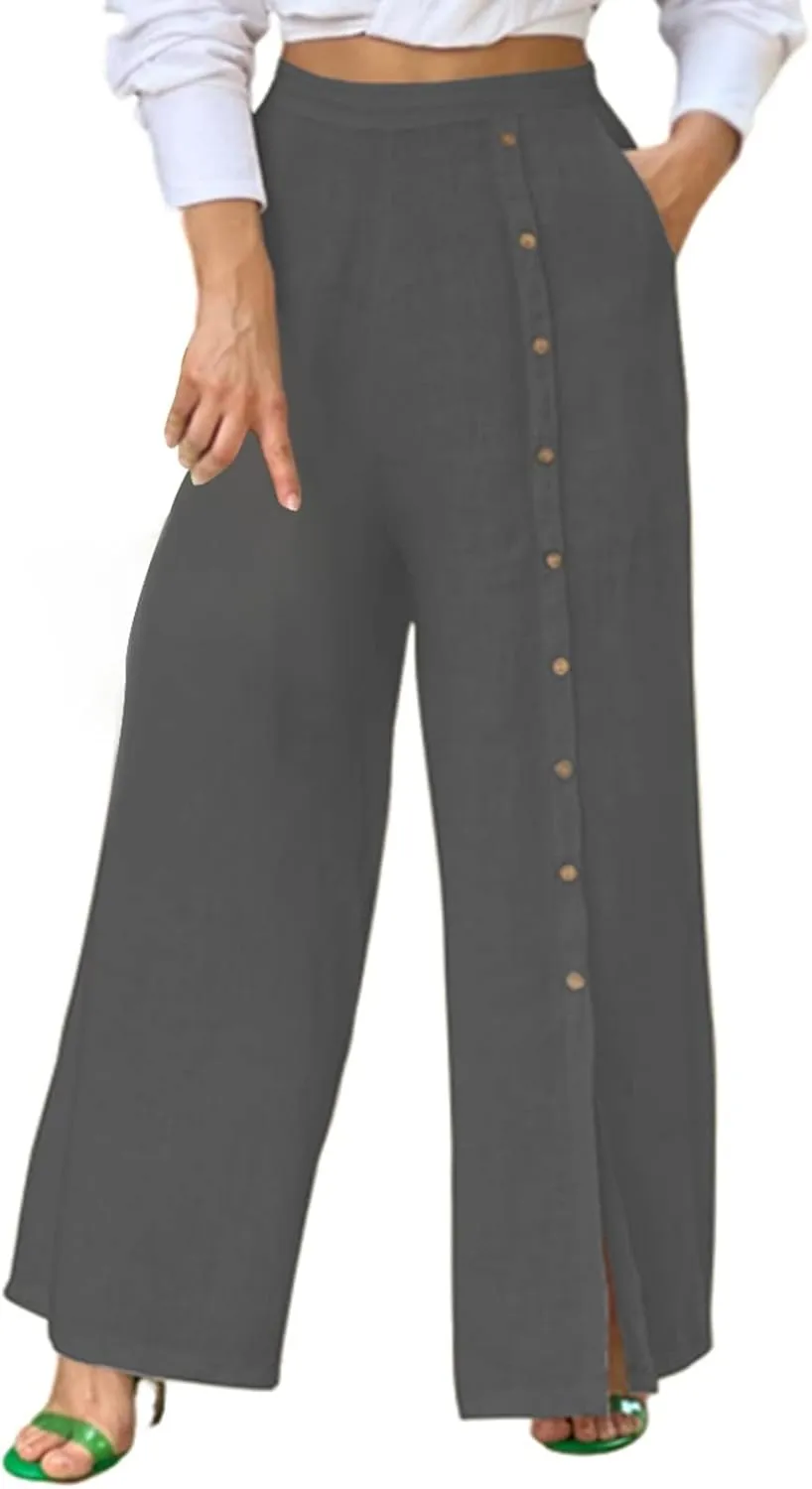 Women's Cotton Linen Palazzo Pants High Waist Wide Leg Pants Casual Summer Trouser with Pockets Front Split Hem Pants