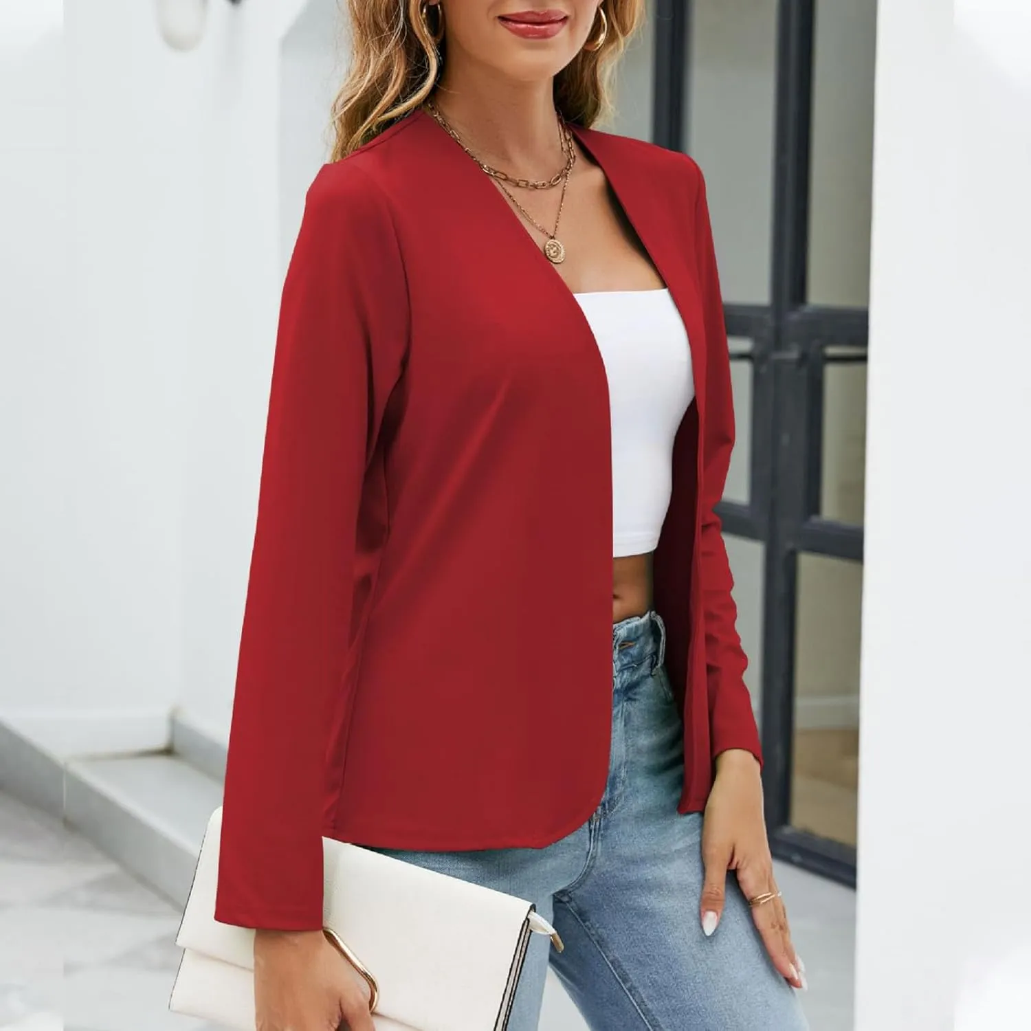 Women's Cropped Blazer Tops Casual Work Long Sleeve Jacket Lightweight Office Suit Coat Classy Trendy Cardigans