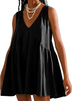Women's Cute Mini Dress Sleeveless V Neck Flowy Short Babydoll Dresses Summer Loose Party Beach Sundress with Pockets