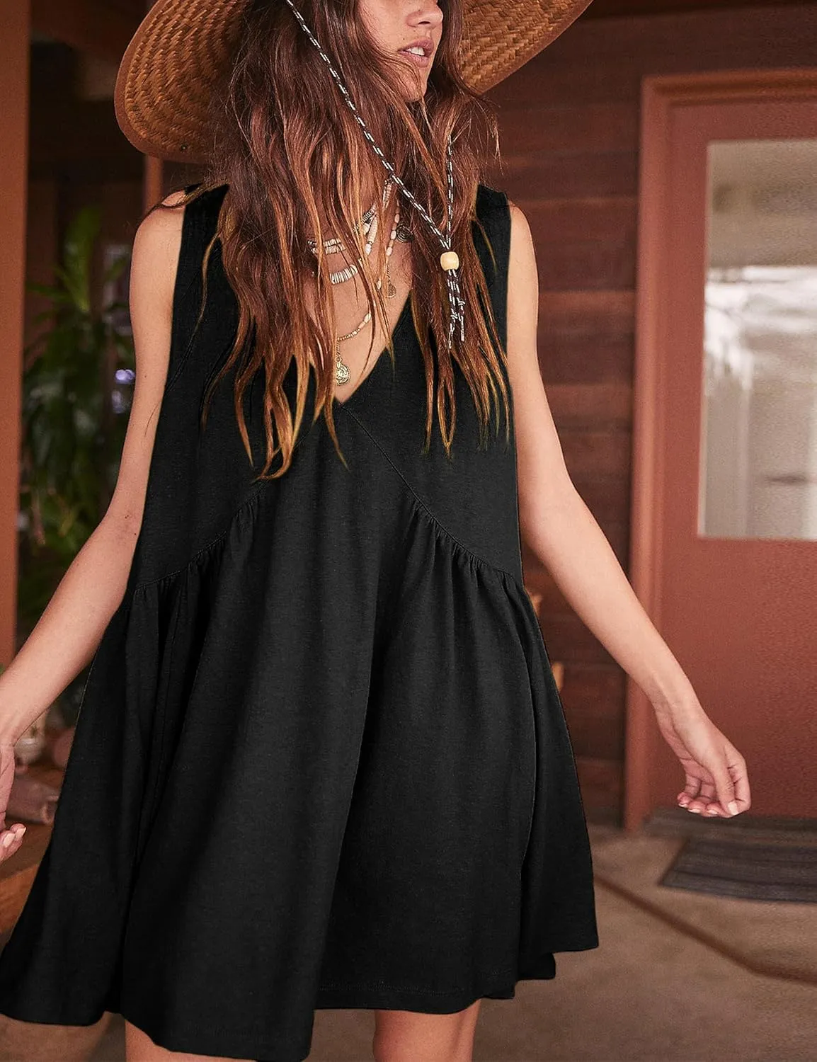 Women's Cute Mini Dress Sleeveless V Neck Flowy Short Babydoll Dresses Summer Loose Party Beach Sundress with Pockets