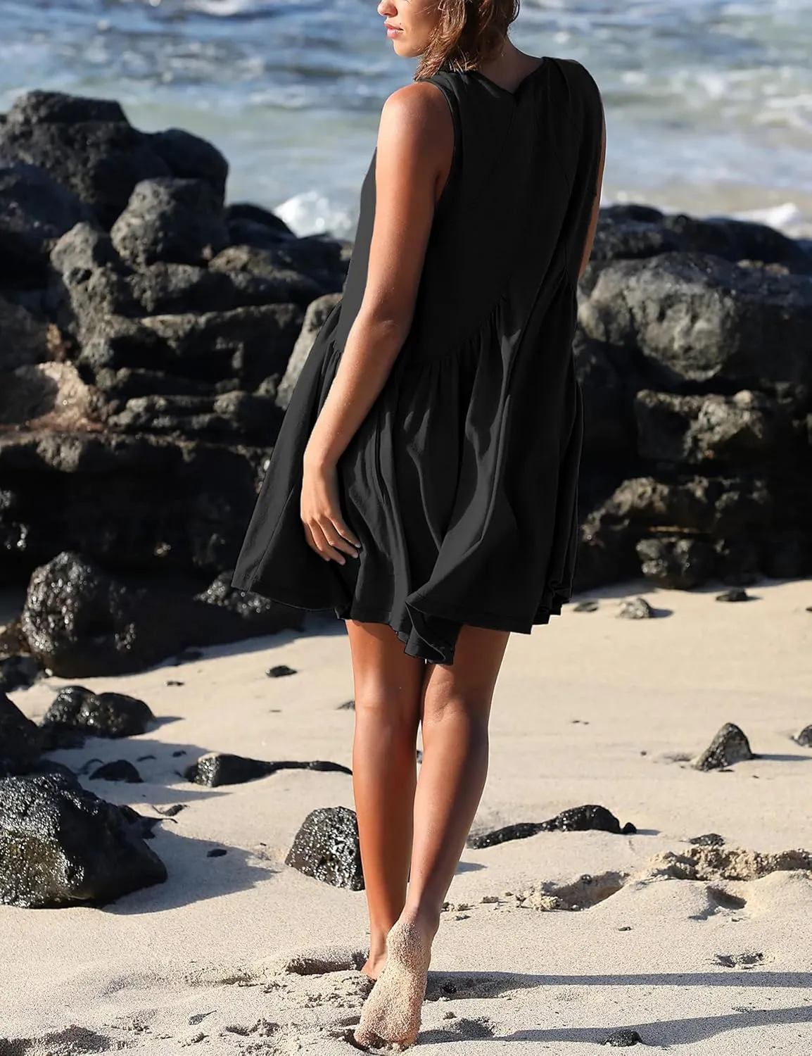 Women's Cute Mini Dress Sleeveless V Neck Flowy Short Babydoll Dresses Summer Loose Party Beach Sundress with Pockets
