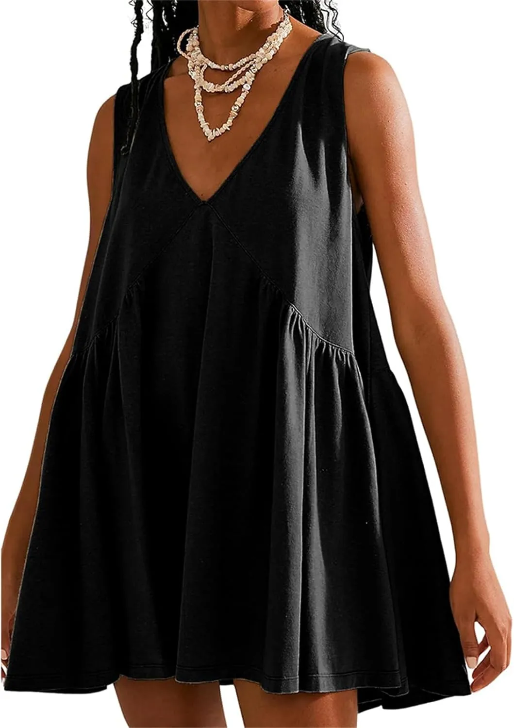 Women's Cute Mini Dress Sleeveless V Neck Flowy Short Babydoll Dresses Summer Loose Party Beach Sundress with Pockets