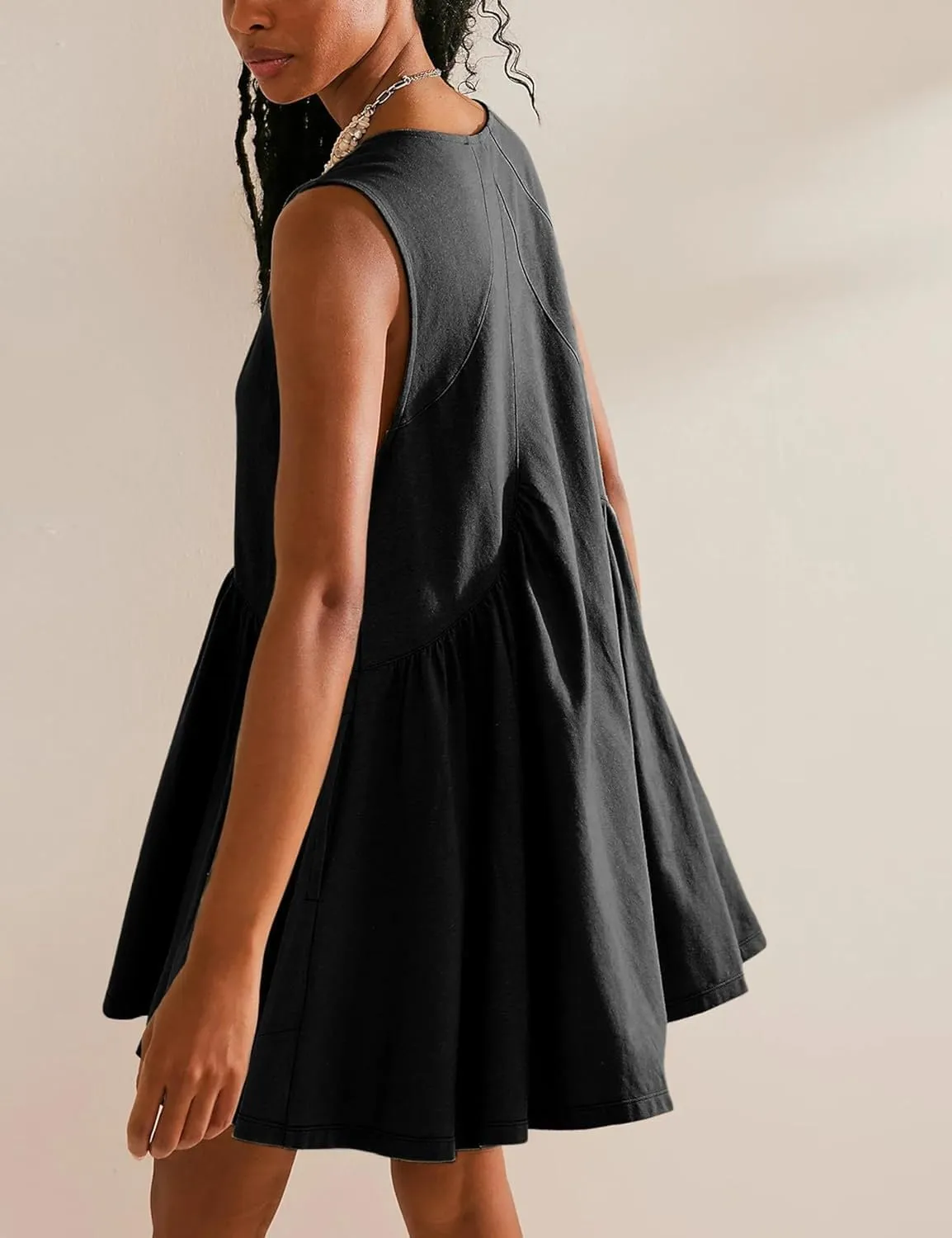 Women's Cute Mini Dress Sleeveless V Neck Flowy Short Babydoll Dresses Summer Loose Party Beach Sundress with Pockets
