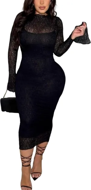Women's Elegant Bodycon Midi Dress Lace Party Cocktail Wedding Guest Dress