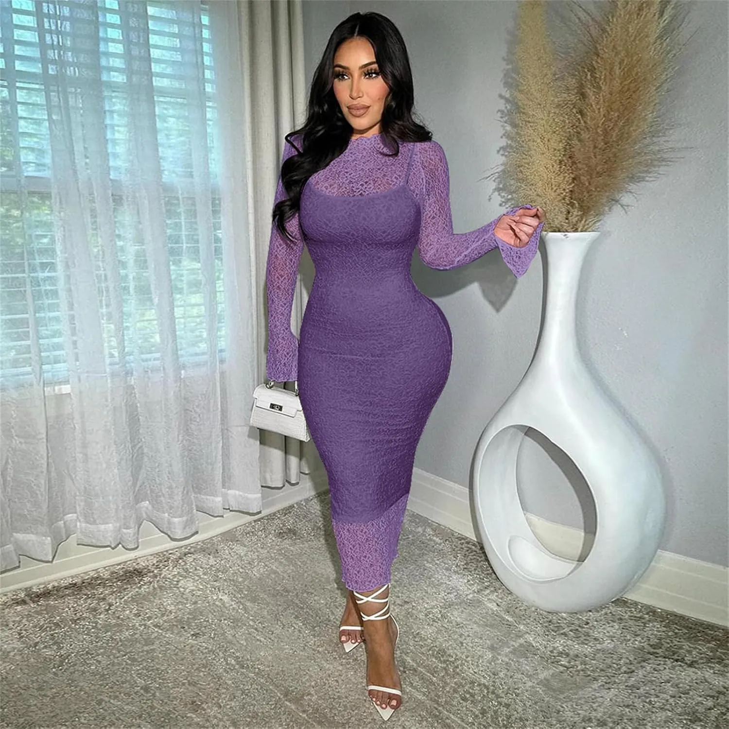 Women's Elegant Bodycon Midi Dress Lace Party Cocktail Wedding Guest Dress
