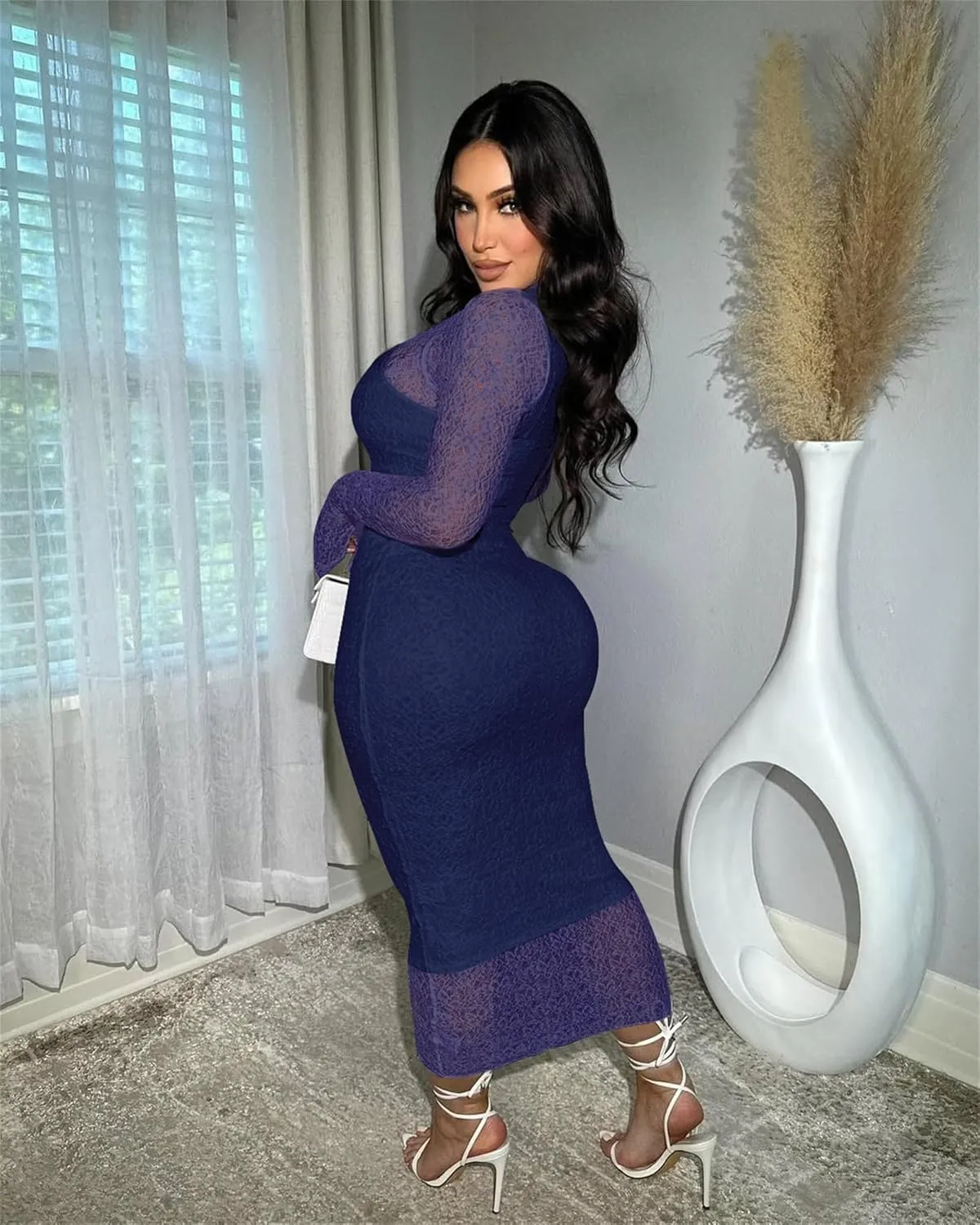 Women's Elegant Bodycon Midi Dress Lace Party Cocktail Wedding Guest Dress
