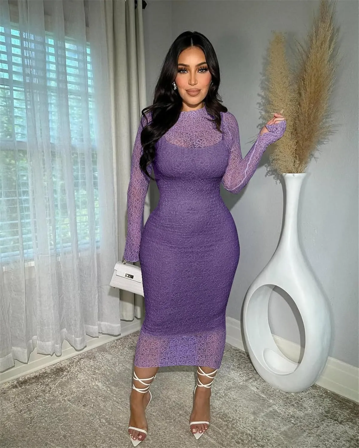 Women's Elegant Bodycon Midi Dress Lace Party Cocktail Wedding Guest Dress