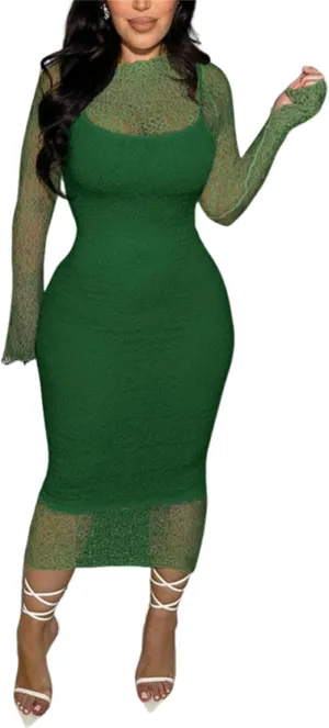Women's Elegant Bodycon Midi Dress Lace Party Cocktail Wedding Guest Dress