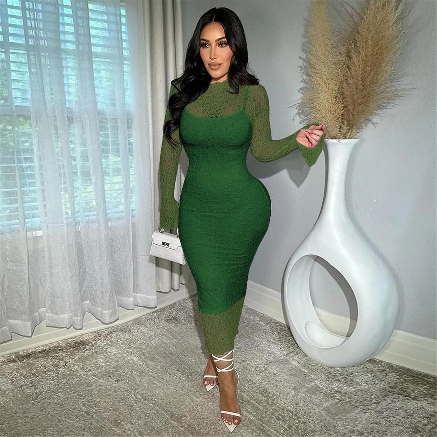 Women's Elegant Bodycon Midi Dress Lace Party Cocktail Wedding Guest Dress