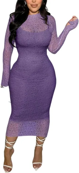 Women's Elegant Bodycon Midi Dress Lace Party Cocktail Wedding Guest Dress