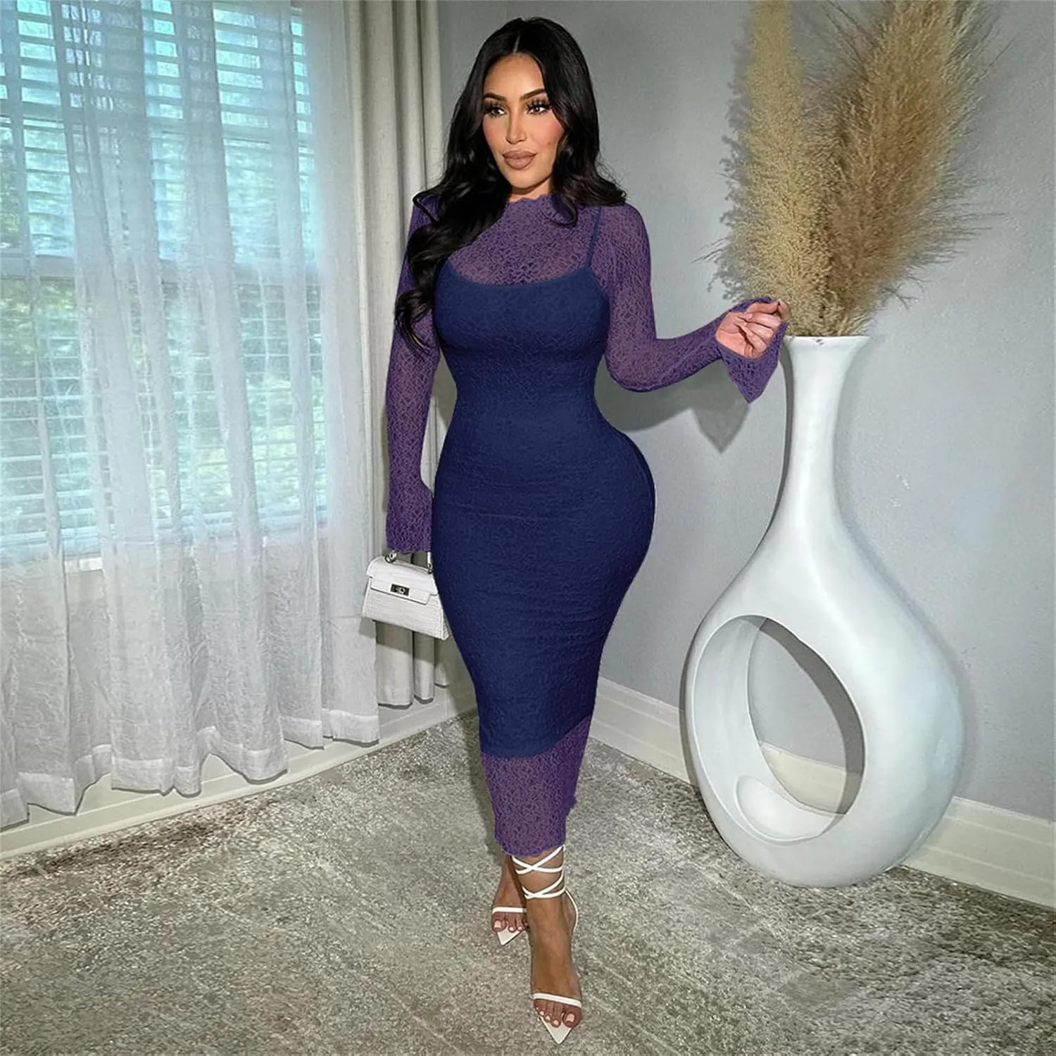 Women's Elegant Bodycon Midi Dress Lace Party Cocktail Wedding Guest Dress